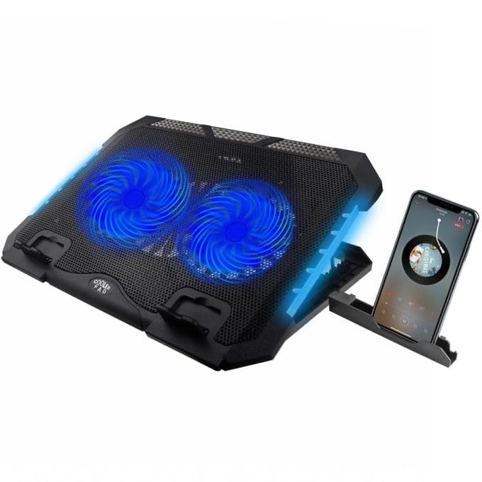 S900 Gaming Laptop Cooling Pad Stand With Phone holder – 2x Blue Led 14cm Fans – RGB Side Lights – 2 x USB – 12 to 17 Inch | Black