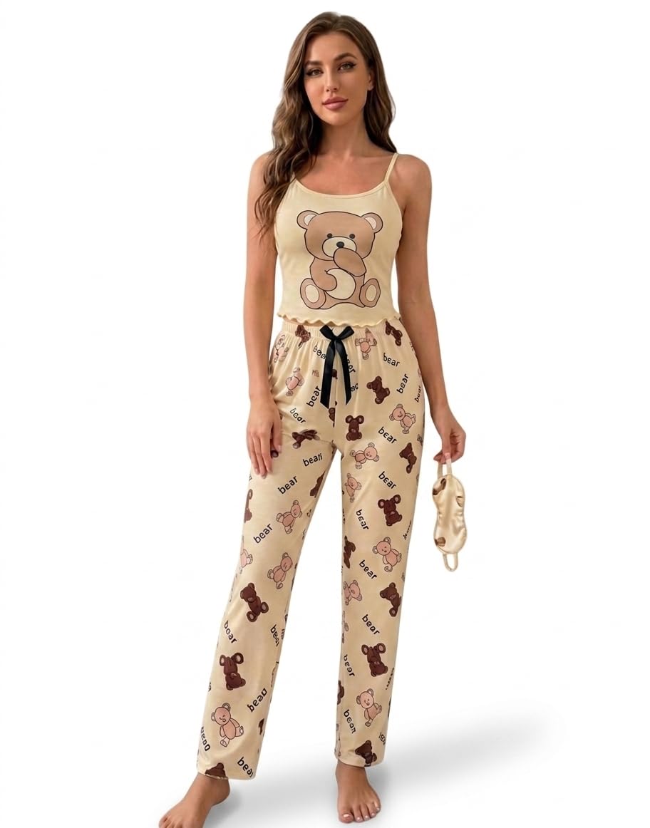 Women's Summer Pajamas 2 Piece Cotton Lycra Cream Beige Fashion Teddy Bear One Size Up to 85KG Suspenders Top Long Pants