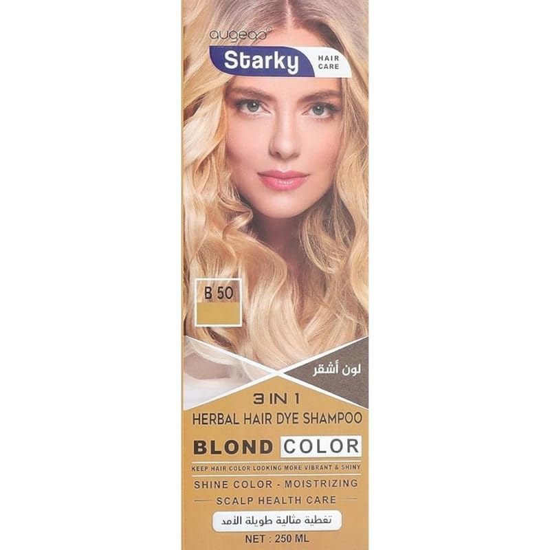 Starky Herbal Hair Dye Shampoo 3 in1 Blond Shine Color,Moisturizing,Scalp Health Care Ultra Long Lasting (B50) Color Blond-250ml