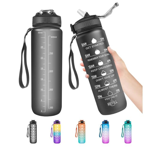 Plastic Sports Water Bottle 1 Liter with Filter and Carrying Strap – Leak Proof, BPA Free – Ideal for Gym, Walking & Travel