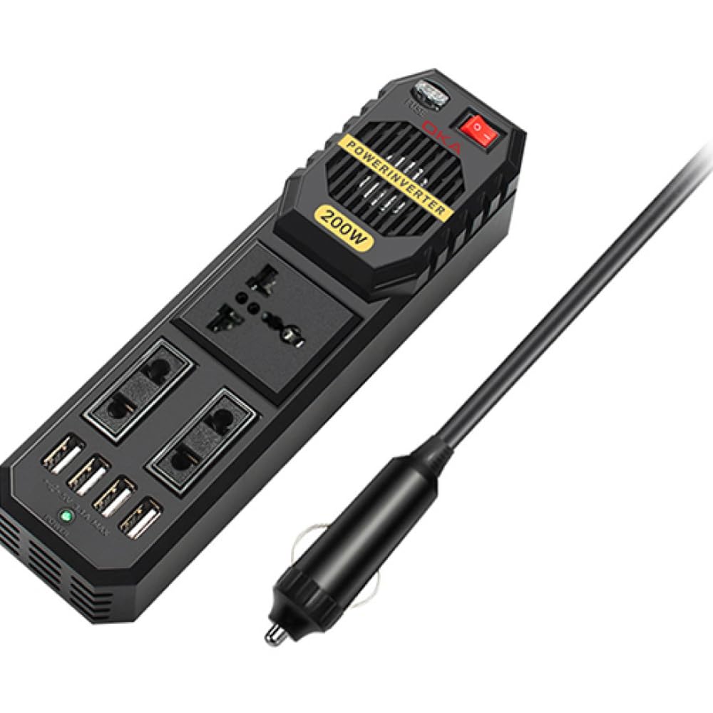 OKA E8981 200W 12V DC to 220V AC Car Power Inverter Charger Adapter with 4 USB Ports and 3 Plug Outlets
