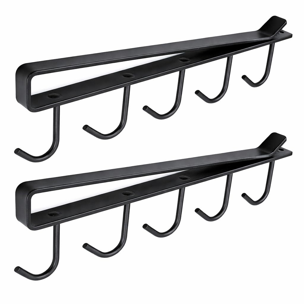 OVA 2Pcs Under Cabinet Coffee Cup Hooks Heavy Duty Mug Rack for Kitchen Storage, Hanging Cup Holder Organizer for Mugs, Utensils & Accessories, Space Saving Metal Hook Rack for Home & Office