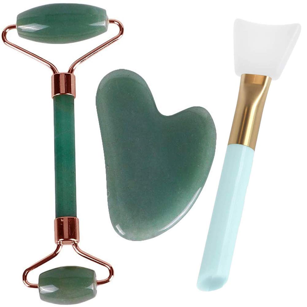 Aoktech Jade Roller and Gua Sha Tools Set - Silicone Facial Brush Jade Roller Massager - 100% Real Natural Jade Roller for Face, Eye, Neck - Beauty Jade Facial Roller for Slimming & Firming (Green)