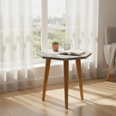 FendiHome Modern Octagonal Side Table - Minimalist End Table for Living Room & Bedroom - Coffee Table with Natural Solid Wood Legs - Geometric Accent Table for Office & Home Decor (Gray Marble)