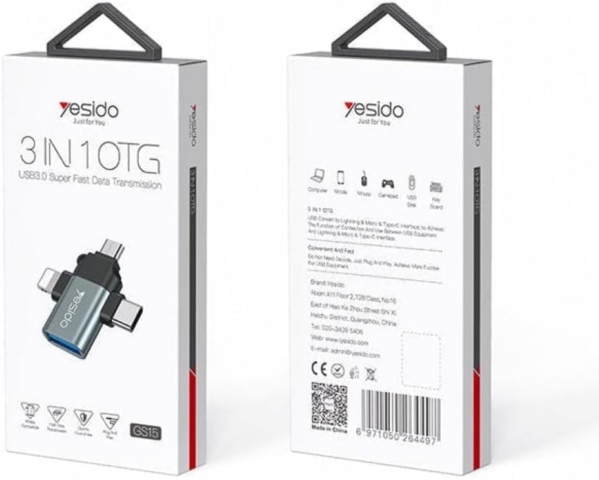 GS15 3-in-1 USB Adapter, Type-C/Micro/Lightning OTG Cable, Phone Charging Converter