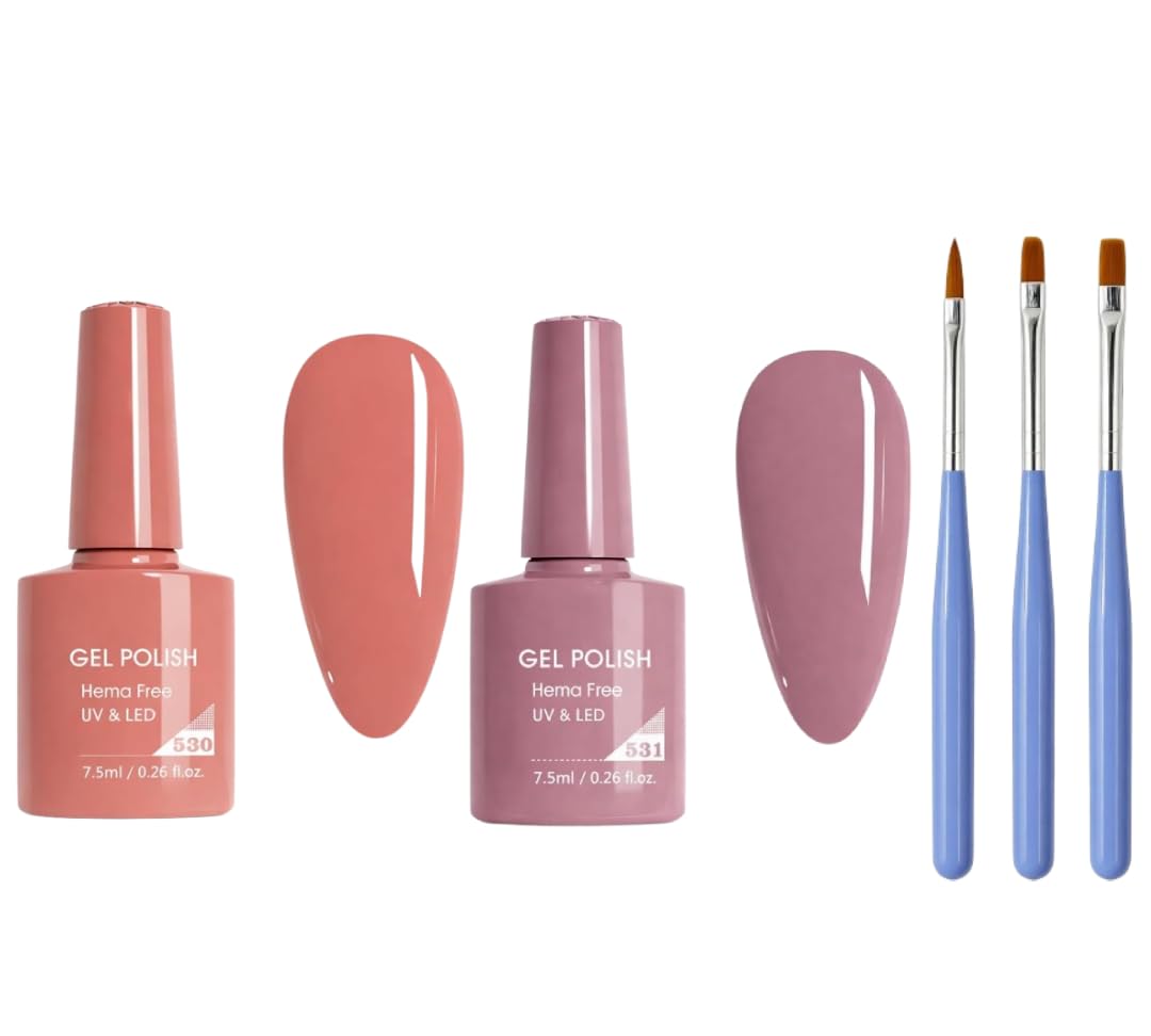 Peachy Coral & Soft Rosy Taupe Gel Nail Polish Set 7.5ml Each with 3-Piece Nail Brush Kit, Glossy UV LED Soak Off Nail Polish for Nail Art, Smooth Finish for Salon and Home Use (530,531)