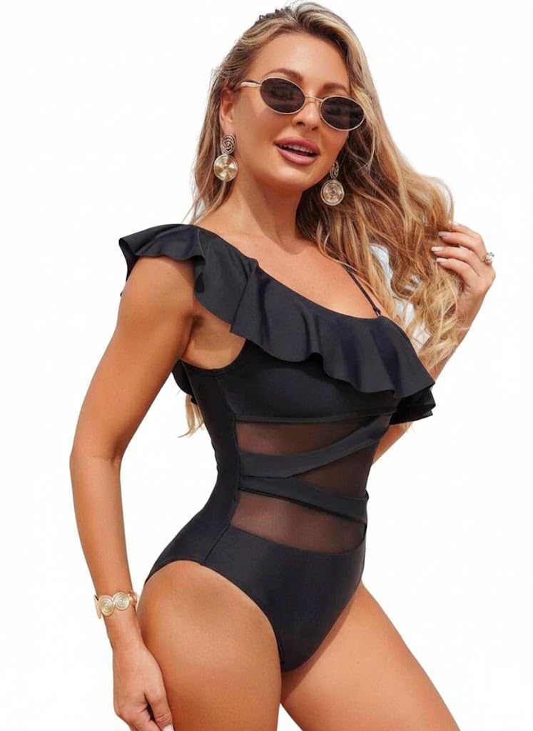 SHEIN-Swim Lushoire Summer Beach Ruffle Trim Contrast Mesh One Piece Swimsuit