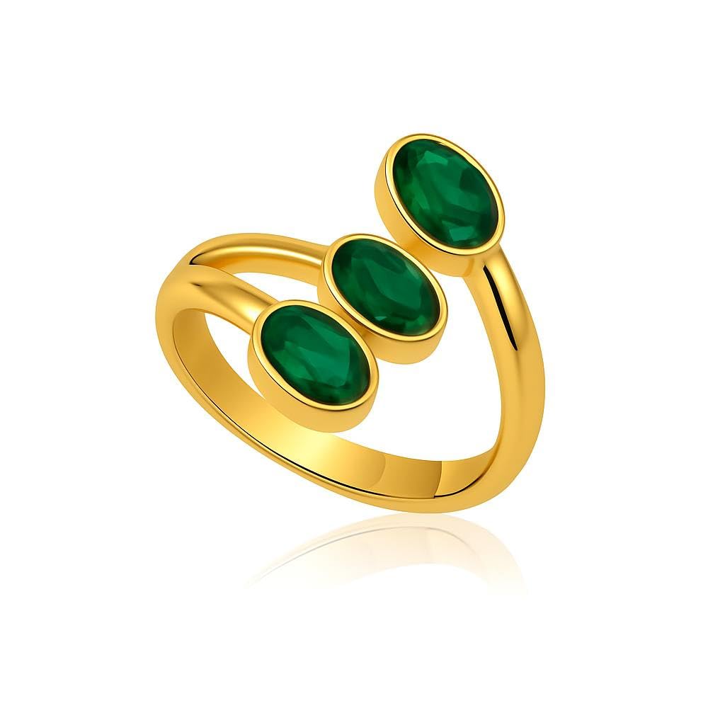 Gold Adjustable Ring with Green Gemstones – Elegant Open Band Fashion Ring for Women – Minimalist Statement Jewelry