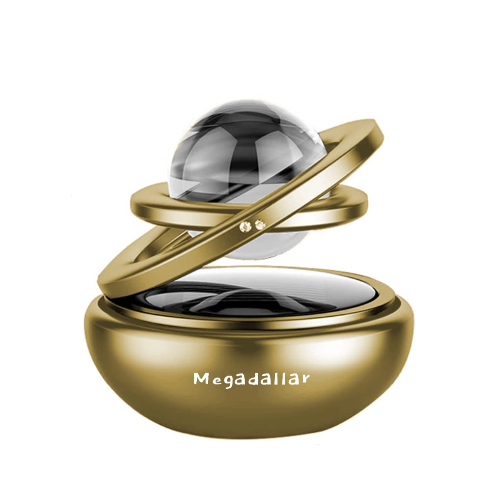 Megadallar Solar Powered Metal Double Ring with Crystal Rotating Car Air Freshner Solar Interior Dashboard Accessories (Gold)