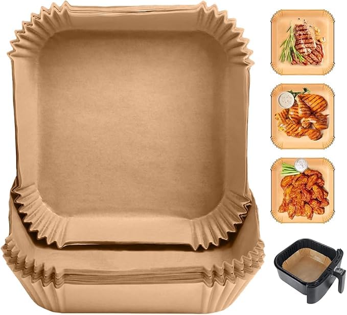 air fryer paper, air fryer liner, 100PCS Non-Stick Air Fryer Disposable – Oil-Proof, Water-Proof, Multi-Purpose Liners for Air Fryer, Baking, Roasting, Microwave, Frying Pan, Steamer (Square)