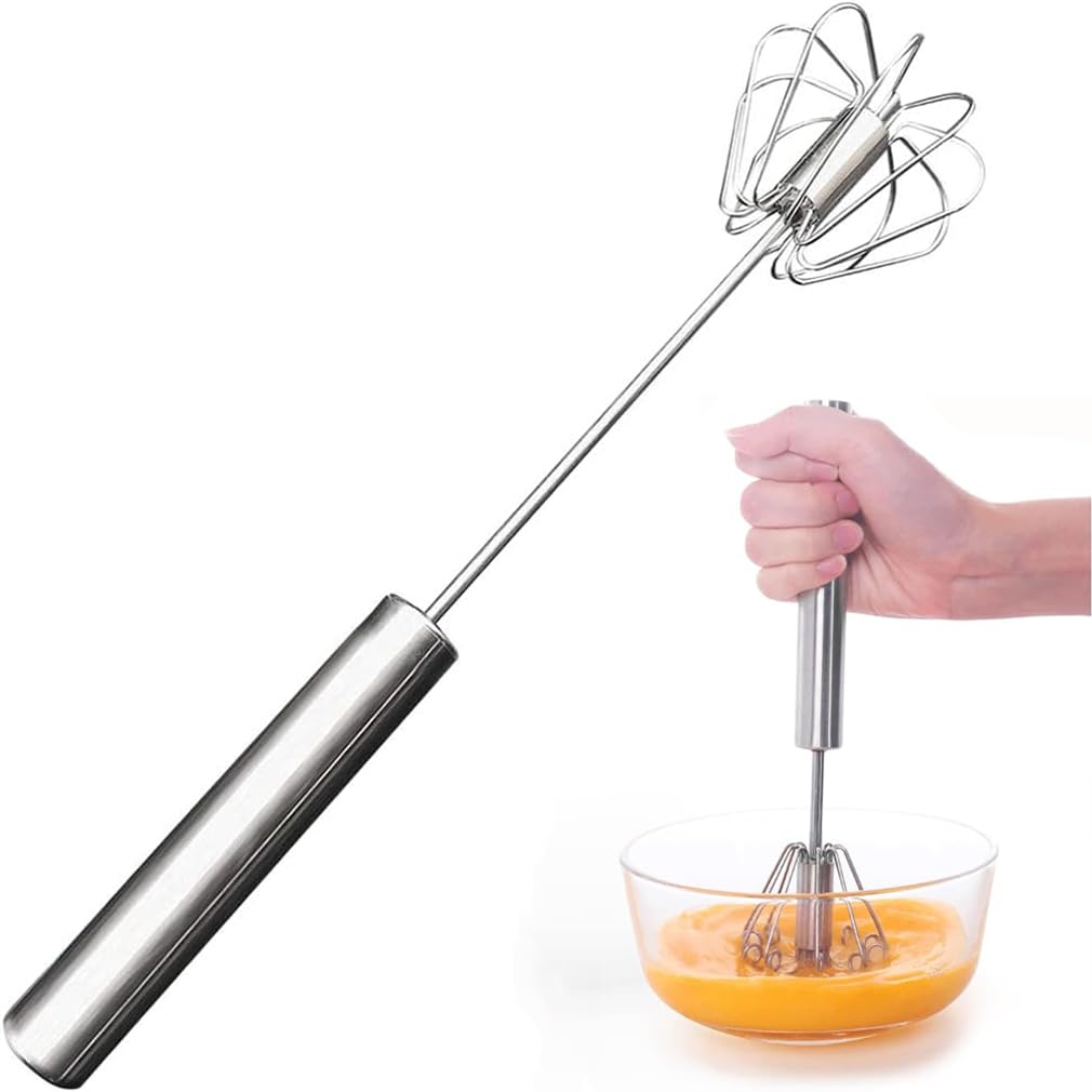 Egg Whisk Stainless Steel Hand Push Whisk Egg Blender Semi-Auto Rotating Push Mixer Milk Frother Multifunction Hand Whisk for Baking, Cooking, Whisking, Beating, Stirring, Kitchen Utensils - 11.8Inch