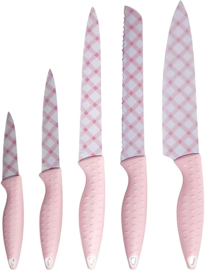 Knife Set 5 Piece Kitchen Knives With Stainless Steel Blades And Strong Handles Chef Knife Utility Paring Bread Knife Sharp Cutlery Set For Cooking Professional And Home Use (Pink)