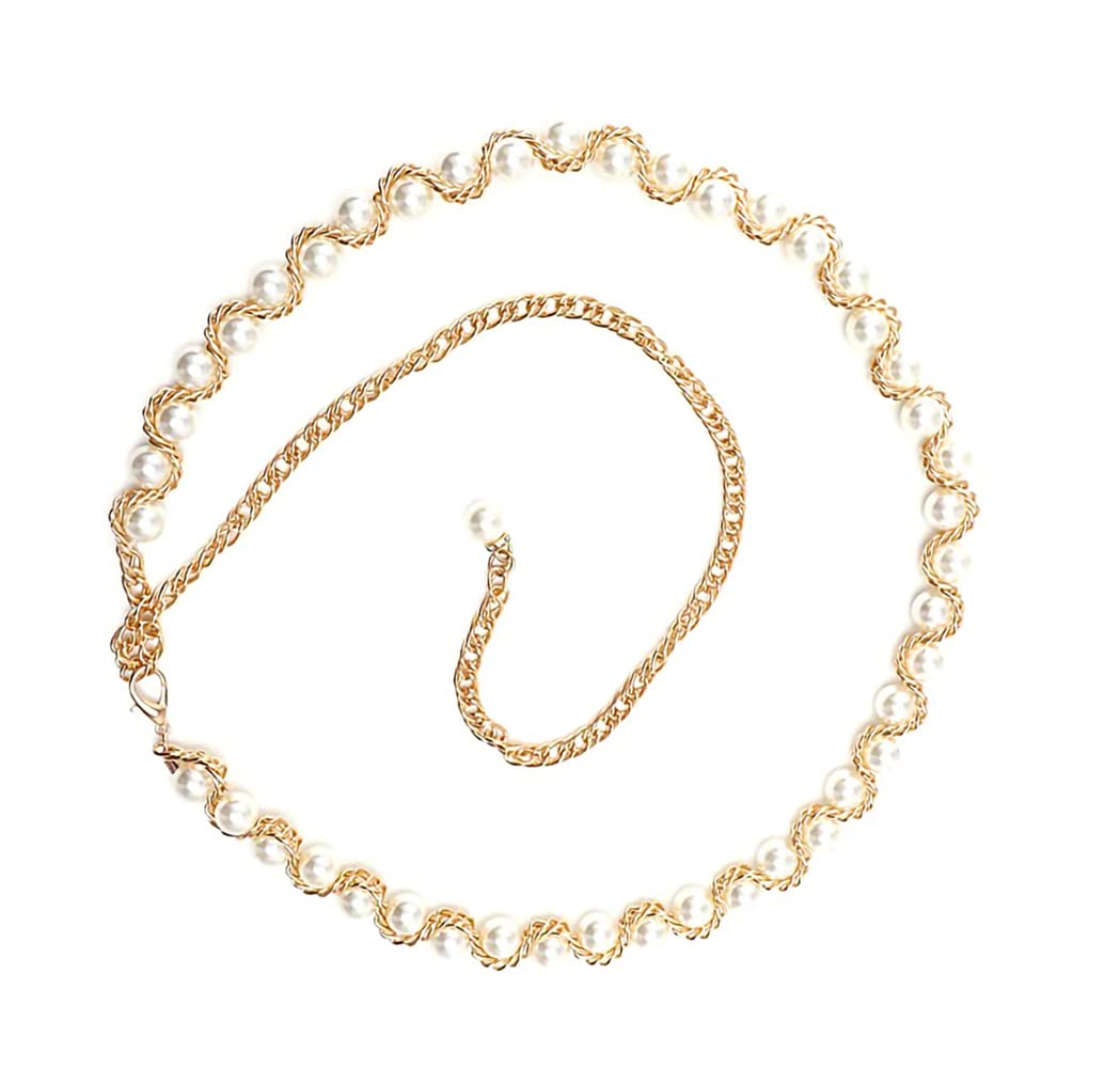 YUTTTPL Chain Belt for Women, Pearl Heart Long Adjustable Braided Metal Belt for Dresses, A-perle