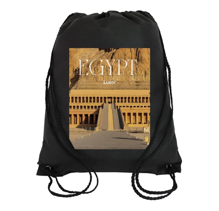 Egypt Luxor Temple Drawstring Bag back, Black Canvas with Ancient Monument Print