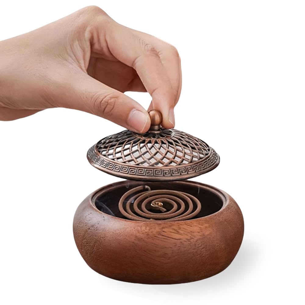 Resin Incense Burner Stick Incense Holder Solid Wood Round Oud Burner Incense Bowl with Metal Incense Holder for Coil Incense Seal Incense