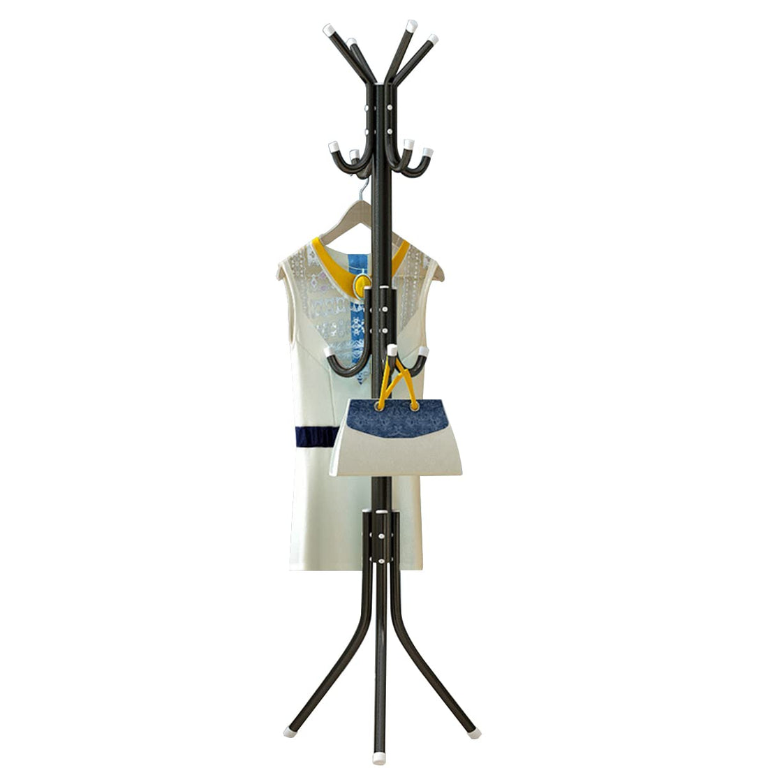 ALMEKAQUZ Metal Coat Rack Stand With 12 Hooks - Freestanding Tree for Coats, Hats, Jackets, and Umbrellas (Black)
