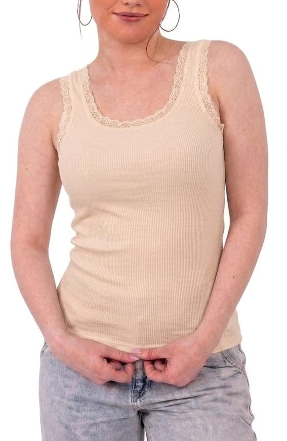 Dabbagh Women’s Soft Ribbed Seamless Tank Top, Lace Trim Scoop Neck Sleeveless Camisole, Stretch Slim Fit, No Side Seams