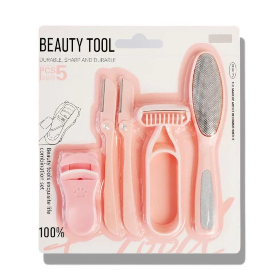 Nopatia 5 in 1 Beauty Kit & Personal Care Kit - Pink Kit Including Eyelash Press, 2 Eyebrow Razor Blades, Metal Foot File and Dead Skin Remover Mousse - Complete Facial & Foot Care Package