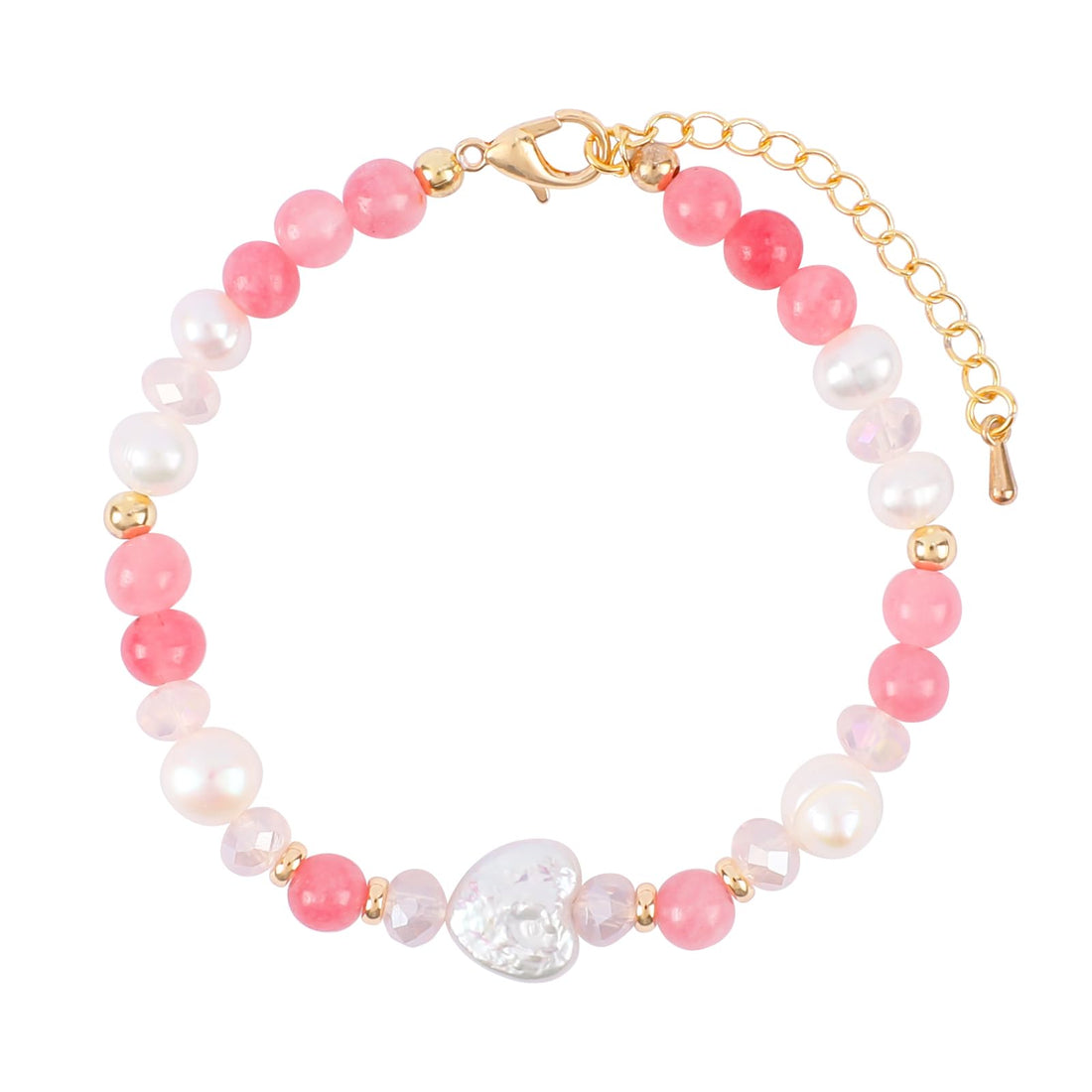 NEKOL Pink Heart Natural Gemstone Bracelets for Women Girls, Evil Eye Pearl Baroque Pearl Bead Bracelet Jewelry Valentines Day Wedding Prom Pageant Party Festival Birthday Gift Bracelet
