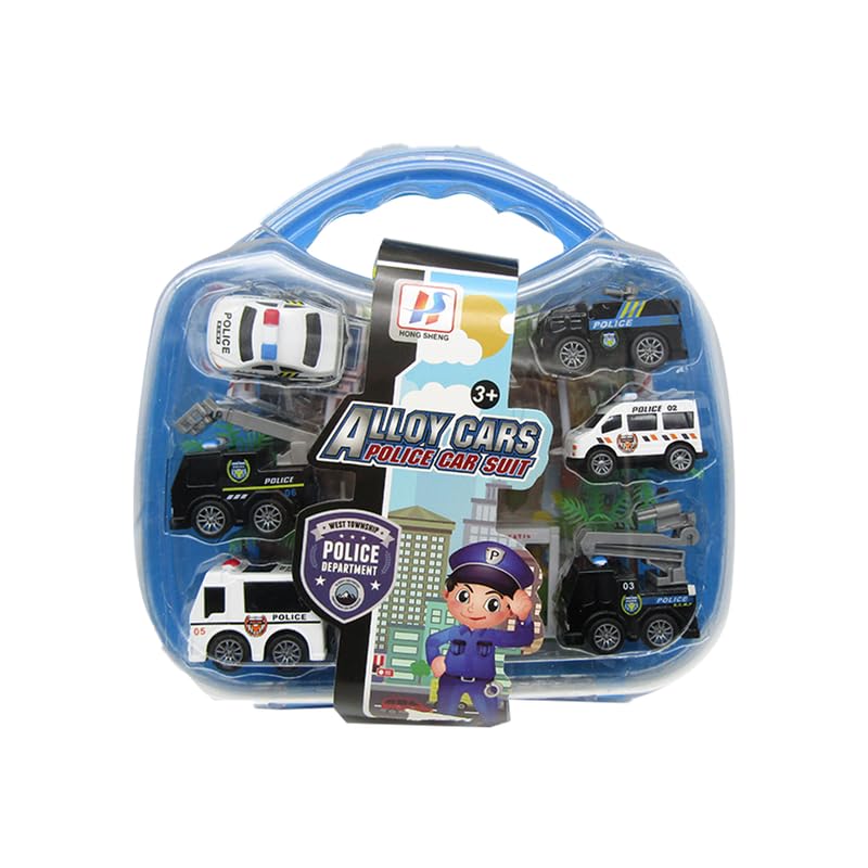 Metal Police Car Set, Kids Toy Set, Multicolor, 6 Pieces, Suitable for 3 Years and Above, with Storage Bag