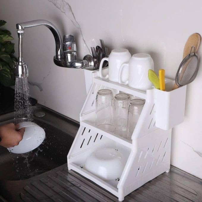 3-Tier Organizer with 2 Side Cups Height 30cm Width and Depth 25cm for Organizing Kitchen Tools Office Desktop Organizer Practical and Convenient