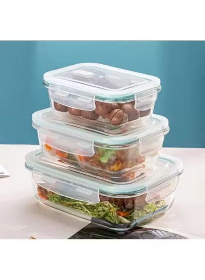Quality Glass Food Container Set Made of High Borosilicate Glass, Rectangular Shape with Snap Closure, Leakproof Glass Meal Prep, BPA Free, Set of 3 (410ml + 680ml + 1040ml) - Clear