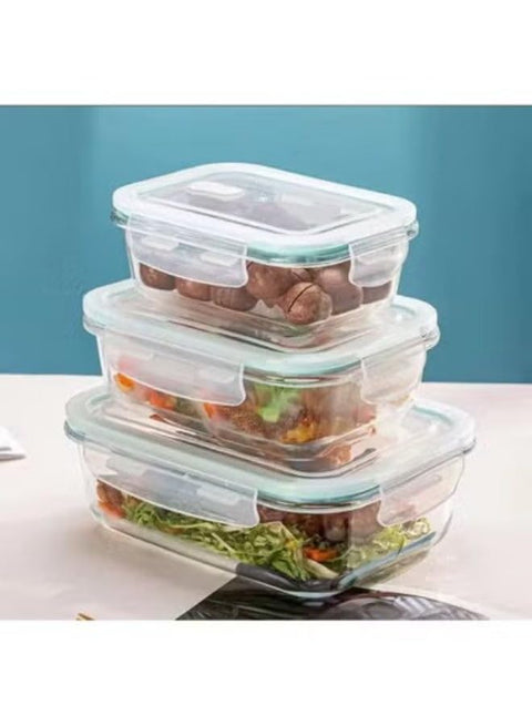 Quality Glass Food Container Set Made of High Borosilicate Glass, Rectangular Shape with Snap Closure, Leakproof Glass Meal Prep, BPA Free, Set of 3 (410ml + 680ml + 1040ml) - Clear