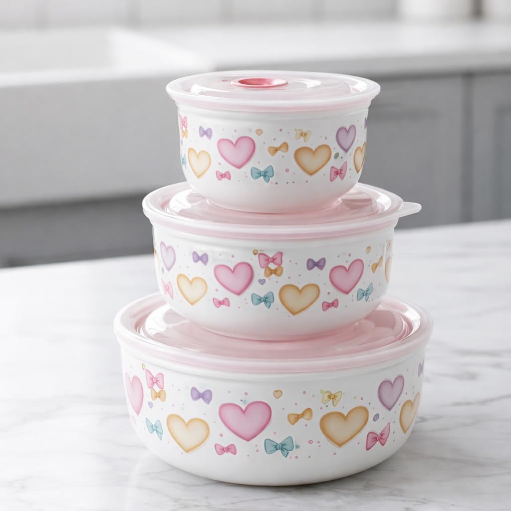 3 Piece Porcelain Food Storage Containers with Airtight Silicone Lids and Steam Vent - Microwave Safe Bowl Set for Kitchen Fridge (Hearts)