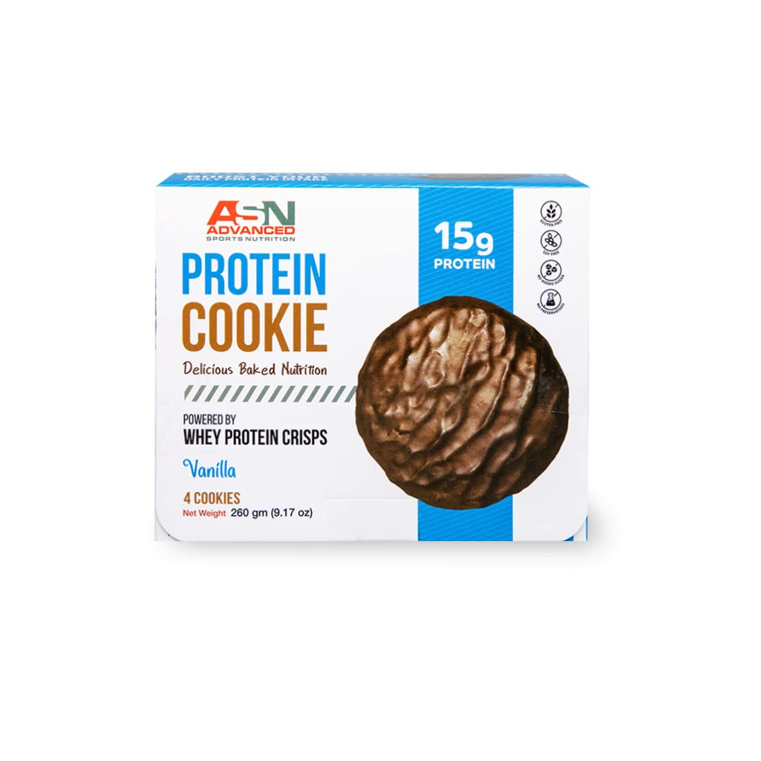 ASN Advanced sports nutrition (asn) | advanced protein cookies | vanilla | 4 cookies | 15g protein | dark chocolate dipped | healthy treat | no added sugar | gluten-free | soy-free | no preservatives