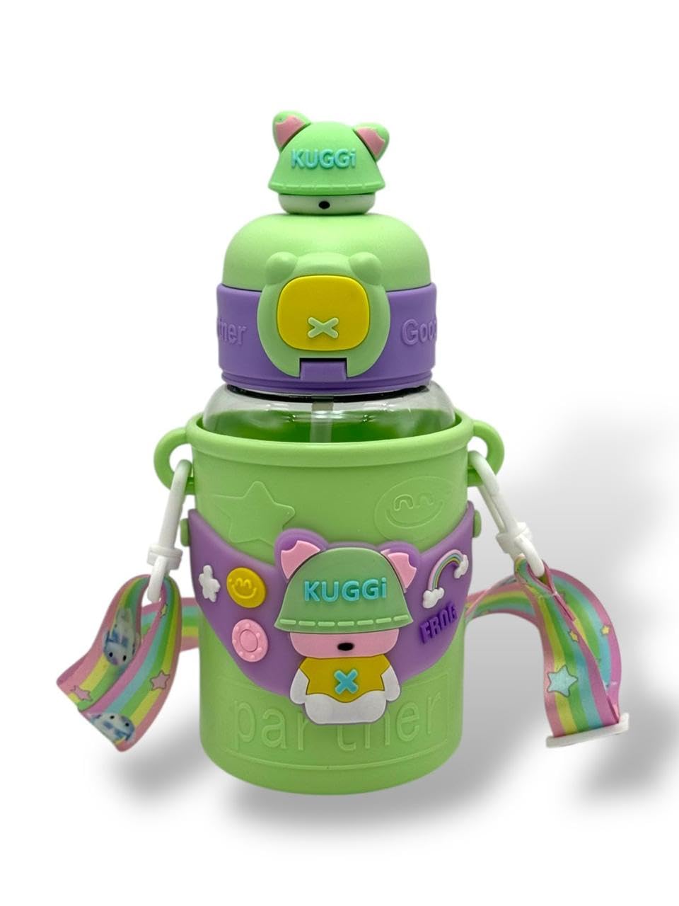 QSHOP Kids Water Bottle for School with Straw, Reusable Plastic 600ml Water Bottle with Shoulder Strap and Silicone Cup Holder, Suitable for Sports, School, Girls and Boys (Green)