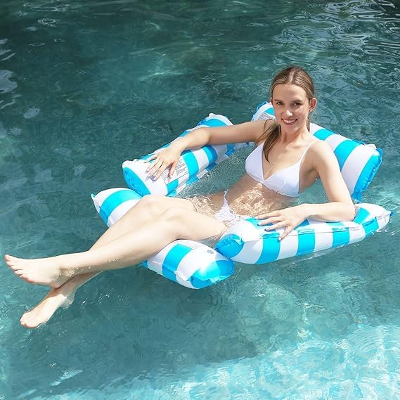 Inflatable Pool Float Hammock, Blue and White Striped, Mesh Centre, 4-in-1 Water Lounger
