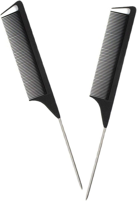 A heat-resistant carbon fiber rat tail comb with steel pins for parting hair back, styling roots, and adding volume. (One Size, 1, Count)