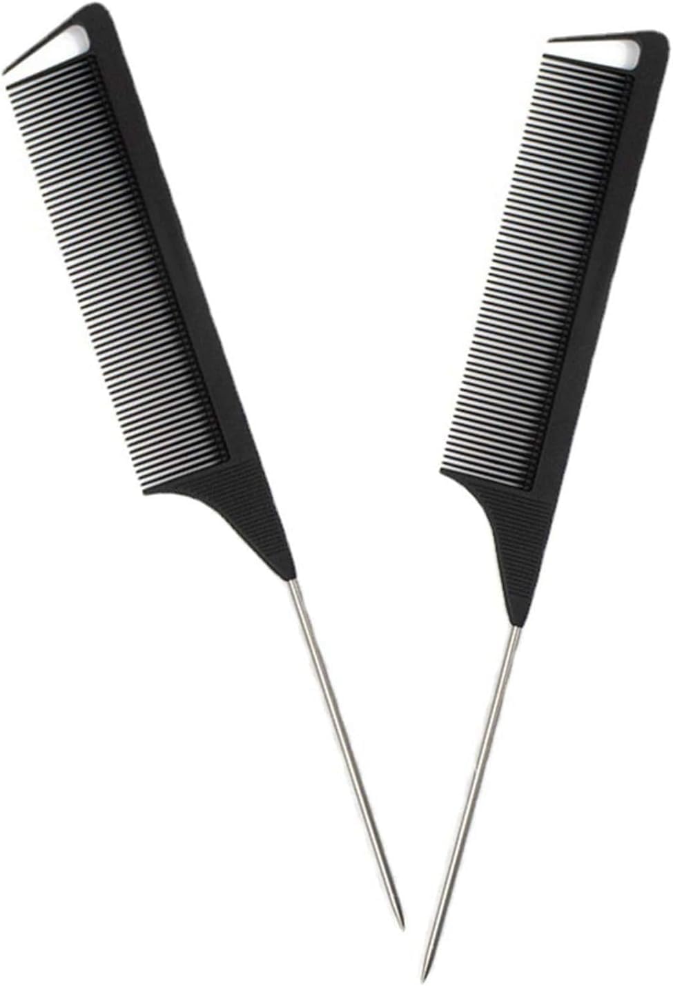 A heat-resistant carbon fiber rat tail comb with steel pins for parting hair back, styling roots, and adding volume. (One Size, 2, Count)