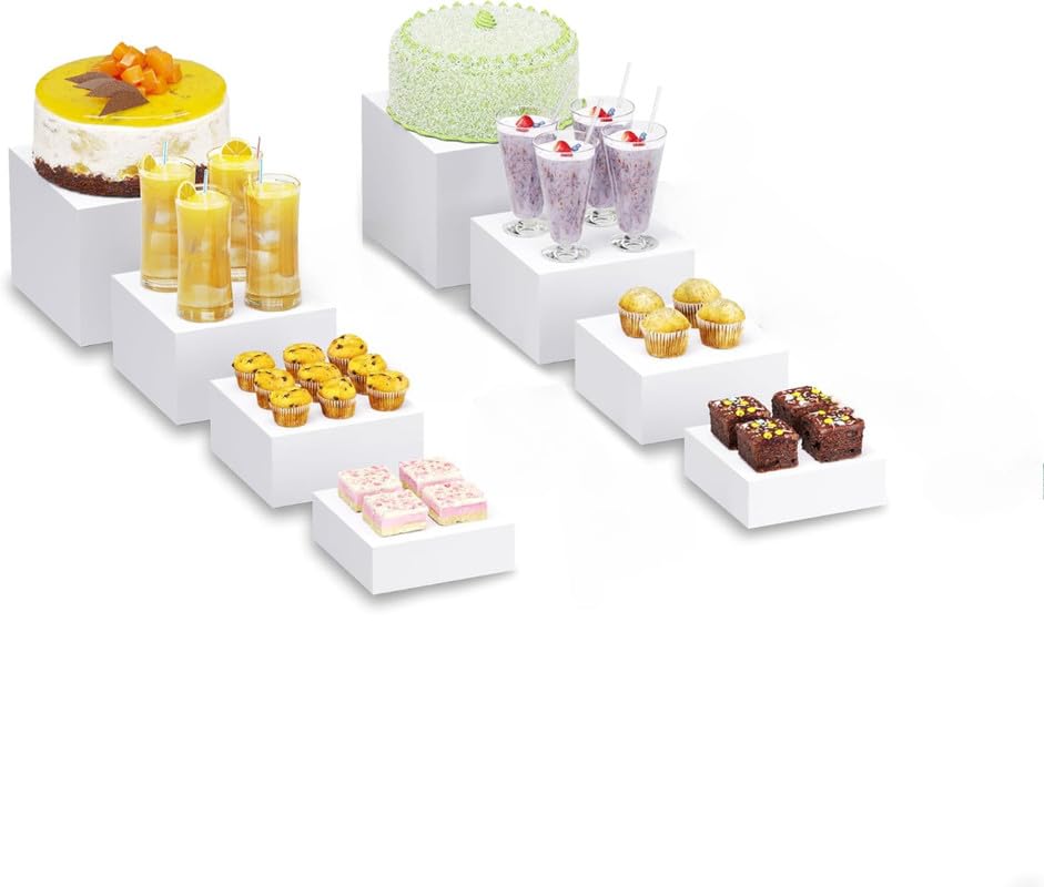 BEST MEDIA Buffet Risers Set, 2 Sets of Acrylic Cube Display Stands, Nesting Food and Dessert Risers for Buffet Table, Catering, Jewelry and Collectibles Display - White