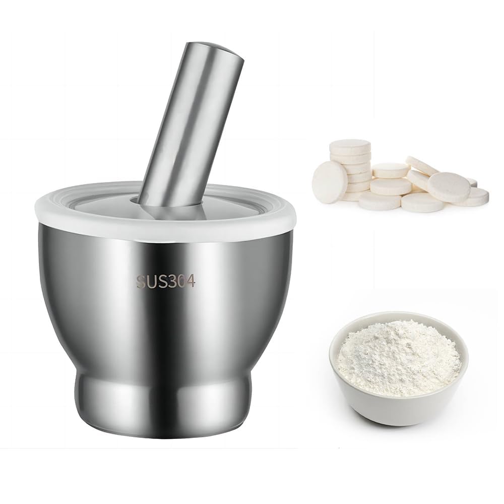 AREXOL 304 Grade Stainless Steel Mortar and Pestle with Lid – Solid Non-Slip Base Kitchen Grinder for Garlic, Herbs, Spices, and Nuts
