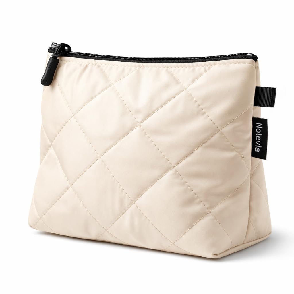 Waterproof Women Makeup Bag – Small Travel Cosmetic Bag – High Quality Leather with Durable Zipper – Cosmetic Accessories Organizer (Beige)