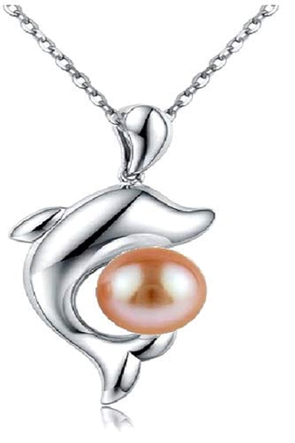 Silver and Natural Pearl Necklace Small Dolphin Pendant Wrap Around Pearl Pink