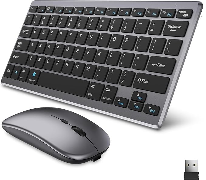 Dual Mode Rechargeable Slim Keyboard & Mouse Combo Silent Click - Bluetooth & 2.4GHZ with USB receiver- (Arabic/English) For Laptop Tablet PC IOS Windows/Mac/Android | Silver