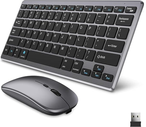 Dual Mode Rechargeable Slim Keyboard & Mouse Combo Silent Click - Bluetooth & 2.4GHZ with USB receiver- (Arabic/English) For Laptop Tablet PC IOS Windows/Mac/Android | Silver