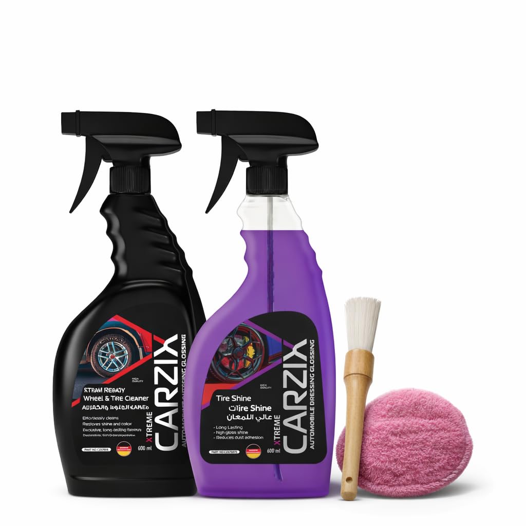 Ultimate Car Care Kit – Wheel & Tire Cleaner 600ml + Tire Shine 600ml + Detailing Brush + Microfiber Applicator Pad | Complete Tire Cleaning & Shine Set | منظف الجنوط والإطارات