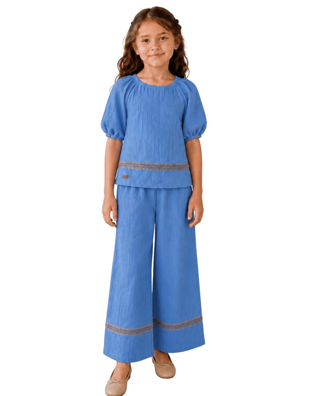 Wonder trim Set Girls' Puff Sleeve Top and Wide-Leg Trouser Set, Embroidered Trim, Red, White, Yellow, blue, dark green and fushia