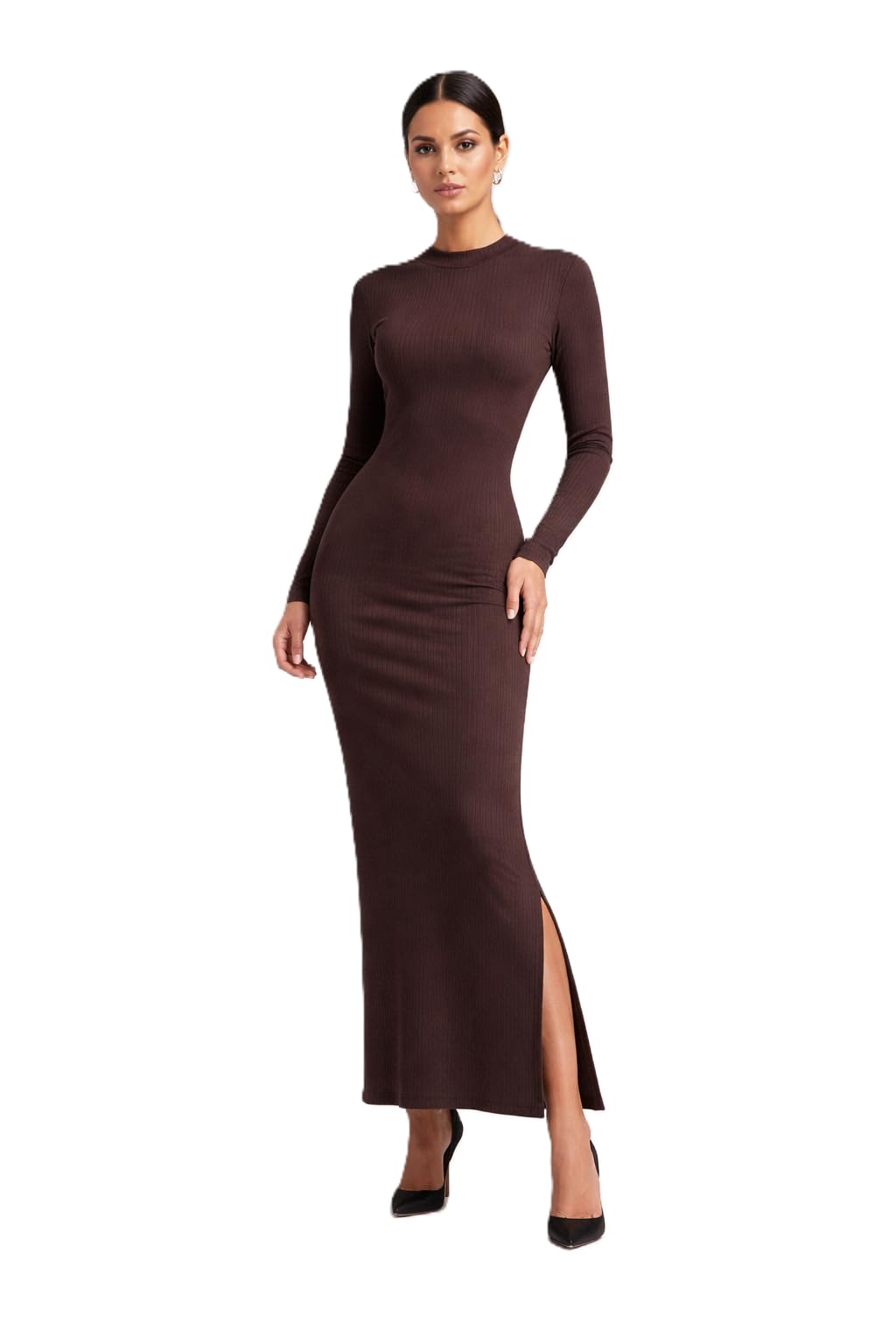 Women's Long Sleeve Rib Maxi Dress, Lycra, One Size, Side Slit