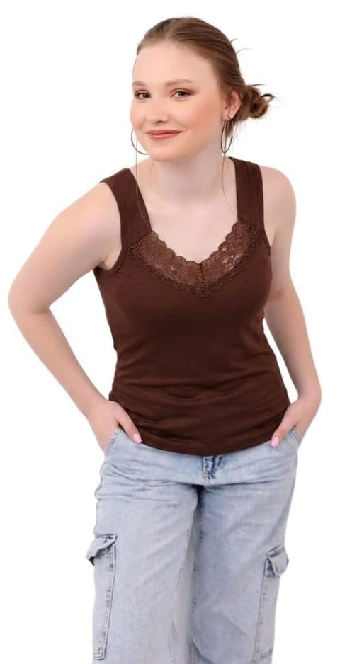 Dabbagh Women’s Cotton Lycra Sleeveless Tank Top, Lace Trim Neck Soft Basic Casual Top