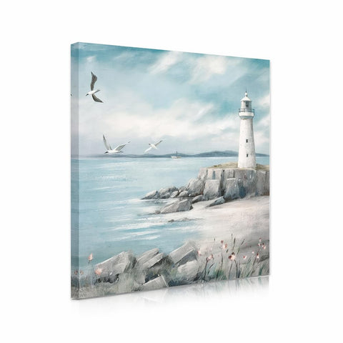 Blue Coastal Lighthouse Wall Art: Lighthouse Pictures and Seagulls Ocean Painting Calming Seascape Canvas Art Print for Bathroom Bedroom Office Living Room Wall Decor Small 30x30 Cm Framed