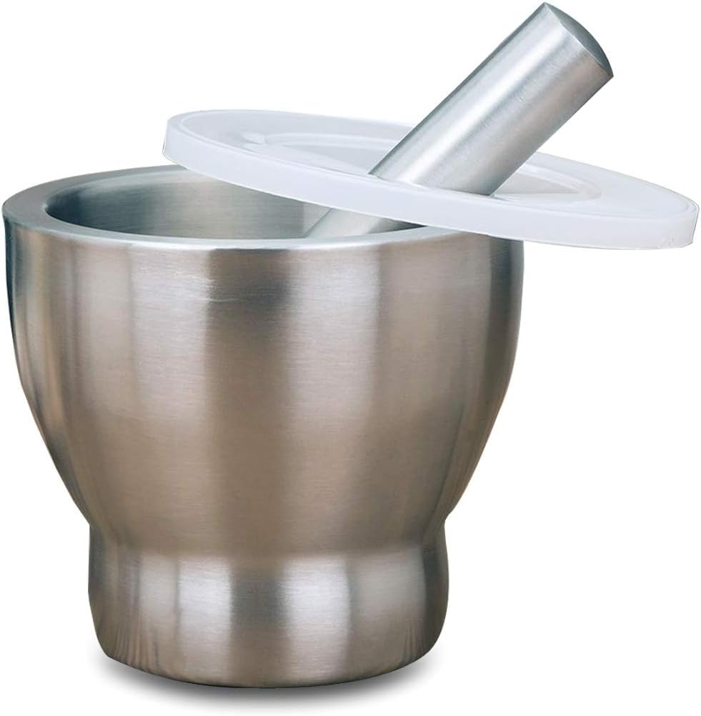 Imported 304 Stainless Steel Mortar – Garlic Masher & Pestle for Grinding Spices & Herbs – Airtight Lid & Stable Base – Stainless Steel – Elegant Kitchen Design
