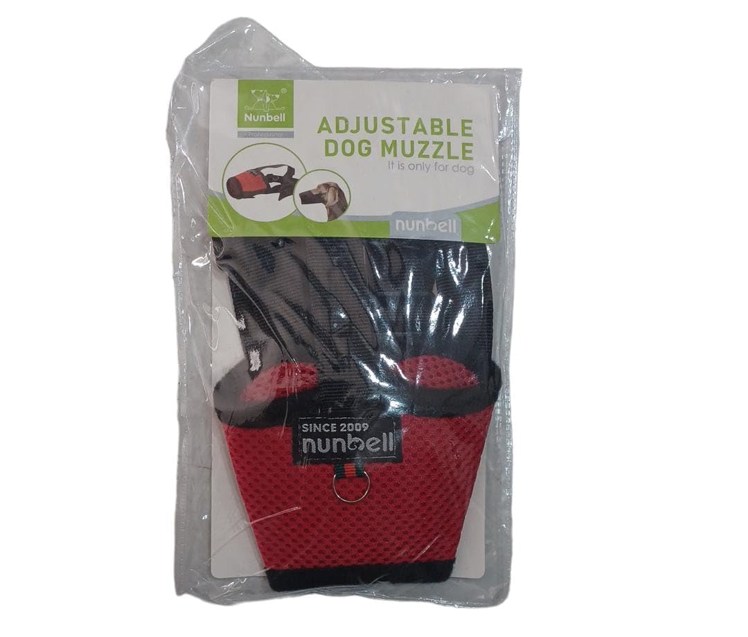 Nunbell Dog Muzzle, Soft Breathable Nylon Mesh Anti Bite Prevent Barking, Chewing, Mess, Adjustable Strap for Large Medium Small Dogs Outdoor Walking - Size 3, Red