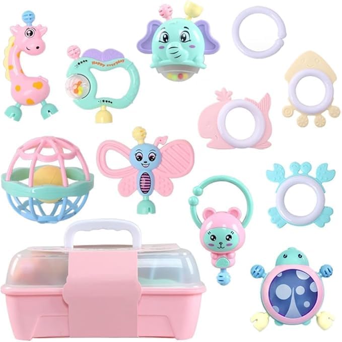 11PCS Baby Rattles 0 with 6 Months, Teething Toys Storage Case, Infant 3 12 Girl Toys, Best Newborn Christmas Gift for Babies Infants Boy (Pink)