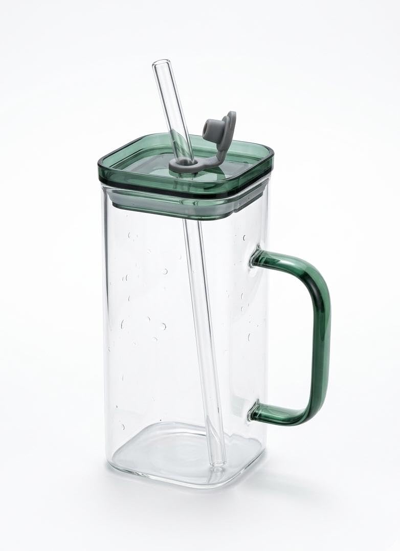 Square Glass Tumbler with Lid and Glass Straw,(400ml). (Green, 400, Milliliters)