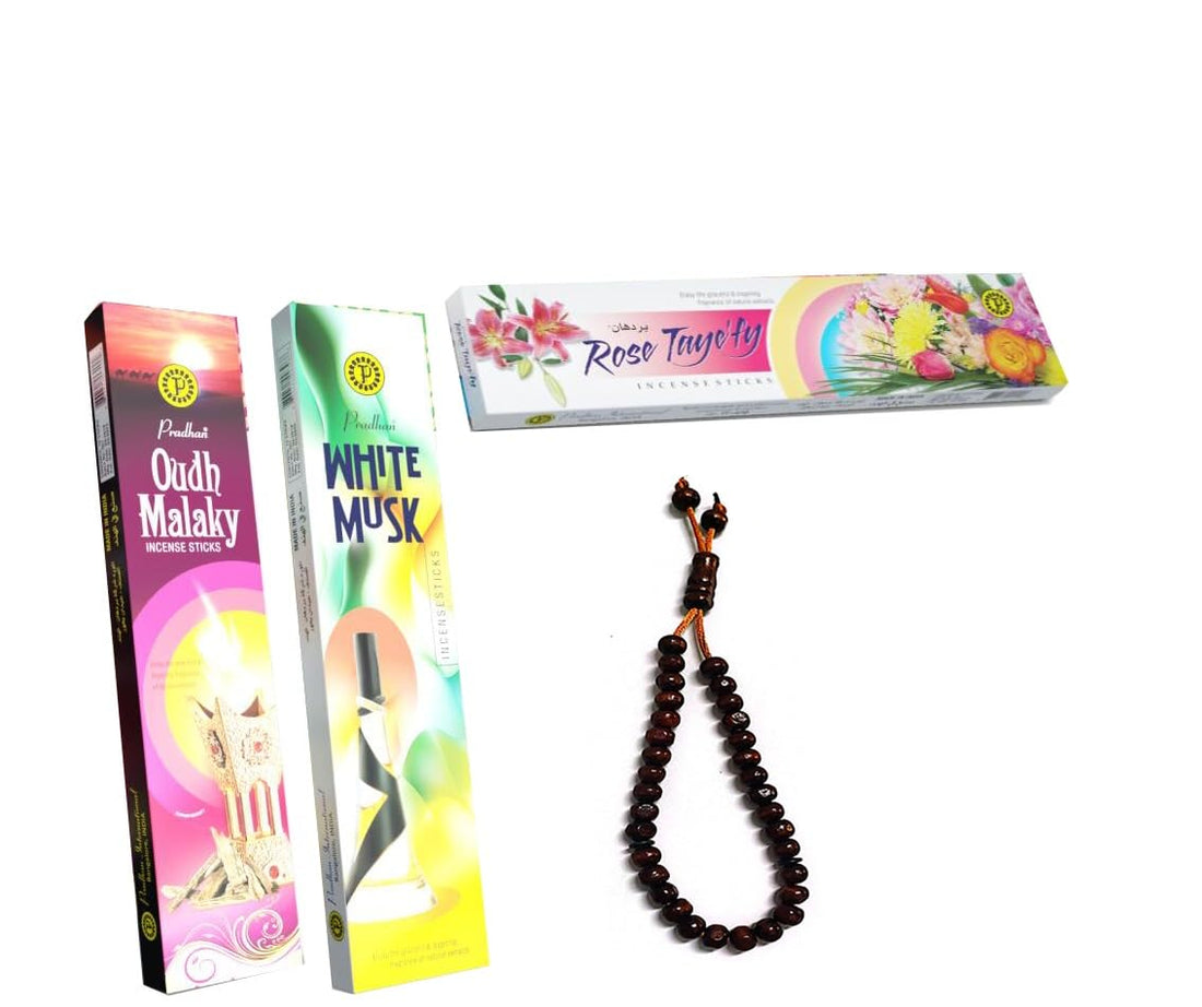 سبحة هدية - مع 3 علب بخور بردهان الهندى بعطور شرقية ثابتة - كل علبة فيها 14 عود Pradhan Rose Taye'fy Oudh Malaky and White Musk Arabic Incense Bundle 3x14 Sticks with Prayer Beads