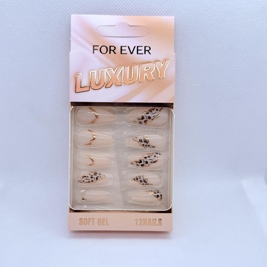 Premium Long Almond Press On Nails with Nail Art – Reusable Glossy Fake Nails for Women – Trendy Salon Style Manicure – 12 Unique Designs (Black Roses & Gold)